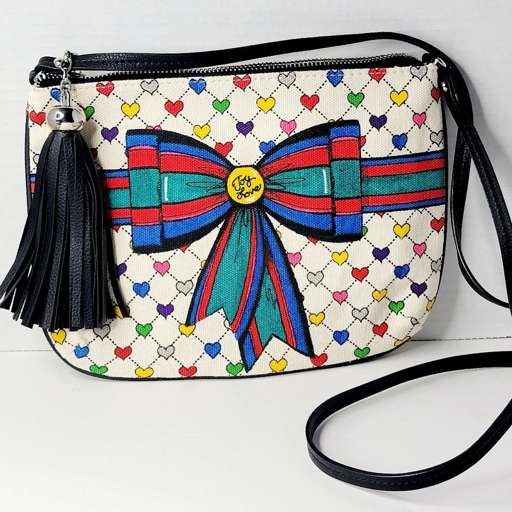 Brighton Holiday Love and Joy Pouch Purse Heart and Bows Leather Strap Tassel